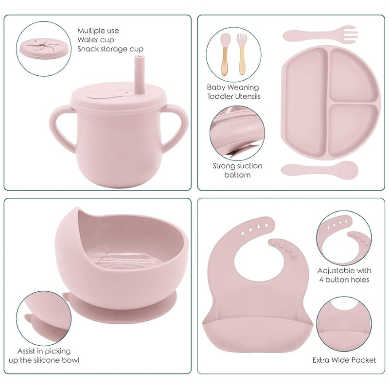 Dormlony 100% Silicone baby feeding set,BPA free Baby dishes set with Suction Bowl Divided Plate,Toddler Self Feeding Dish Set with Spoons Forks Sippy Cup And Bib, Baby Eating Utensils (Lilac) - Image 4